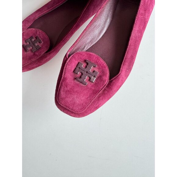 TORY BURCH Wine Burgundy Suede Leather Plastic Logo Driving Loafers, Size 9 - Picture 7 of 13